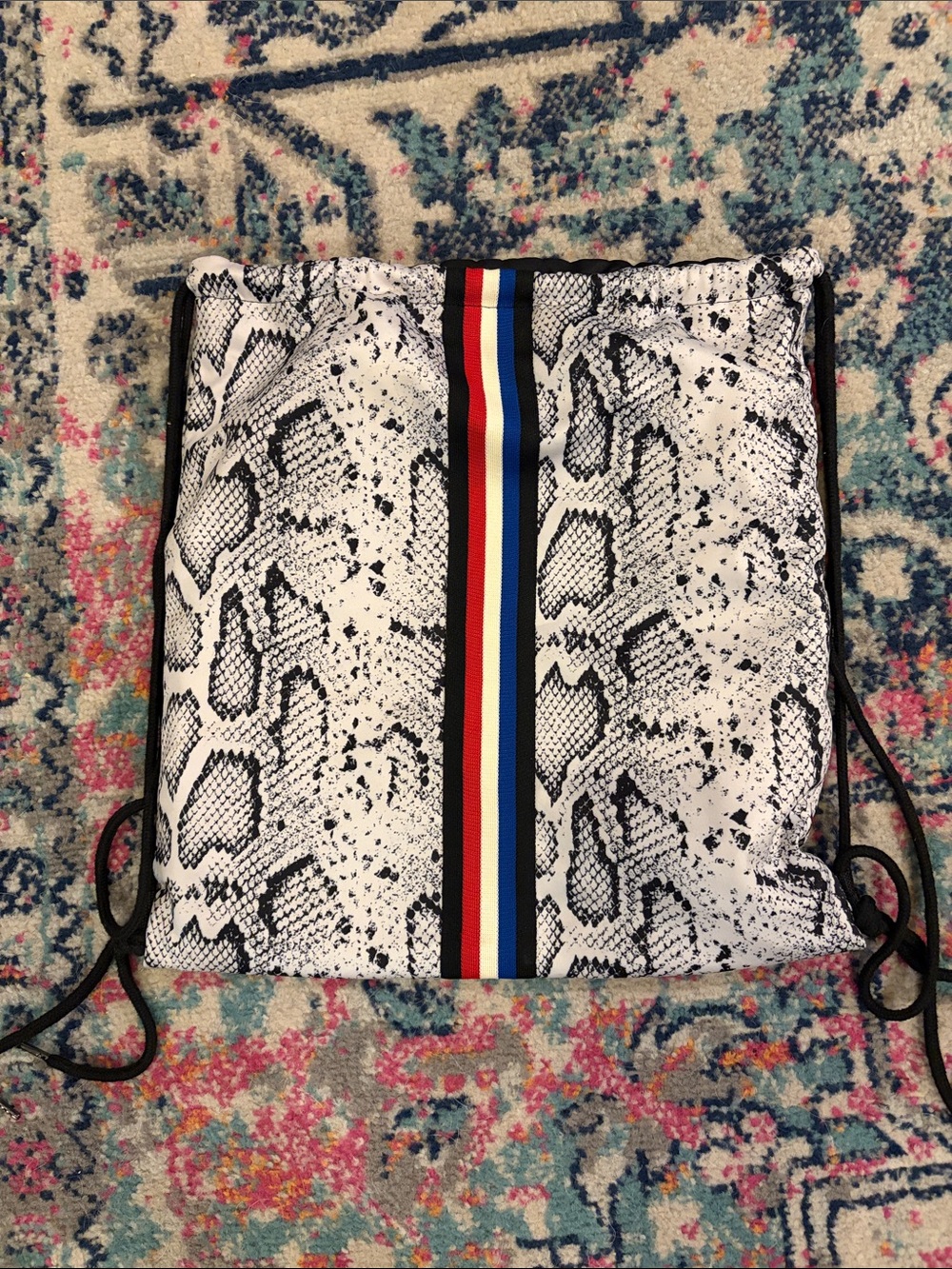 Snake-Print Drawstring Gym Bag with Tricolor Stripe